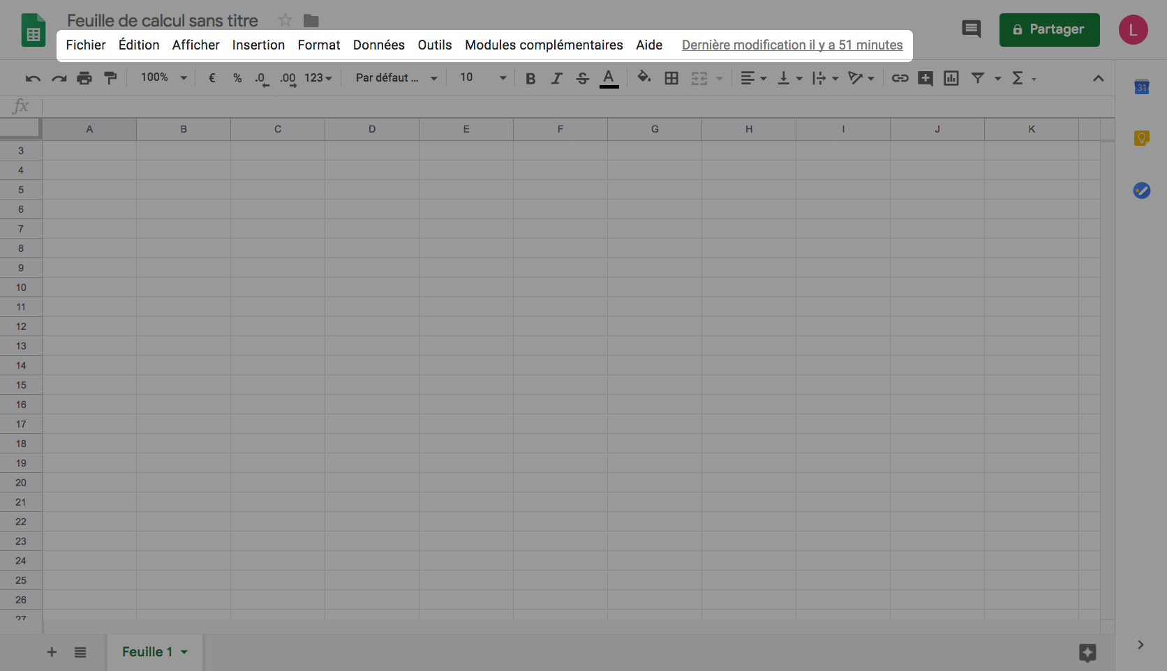 barre de menu du logiciel Google Sheets