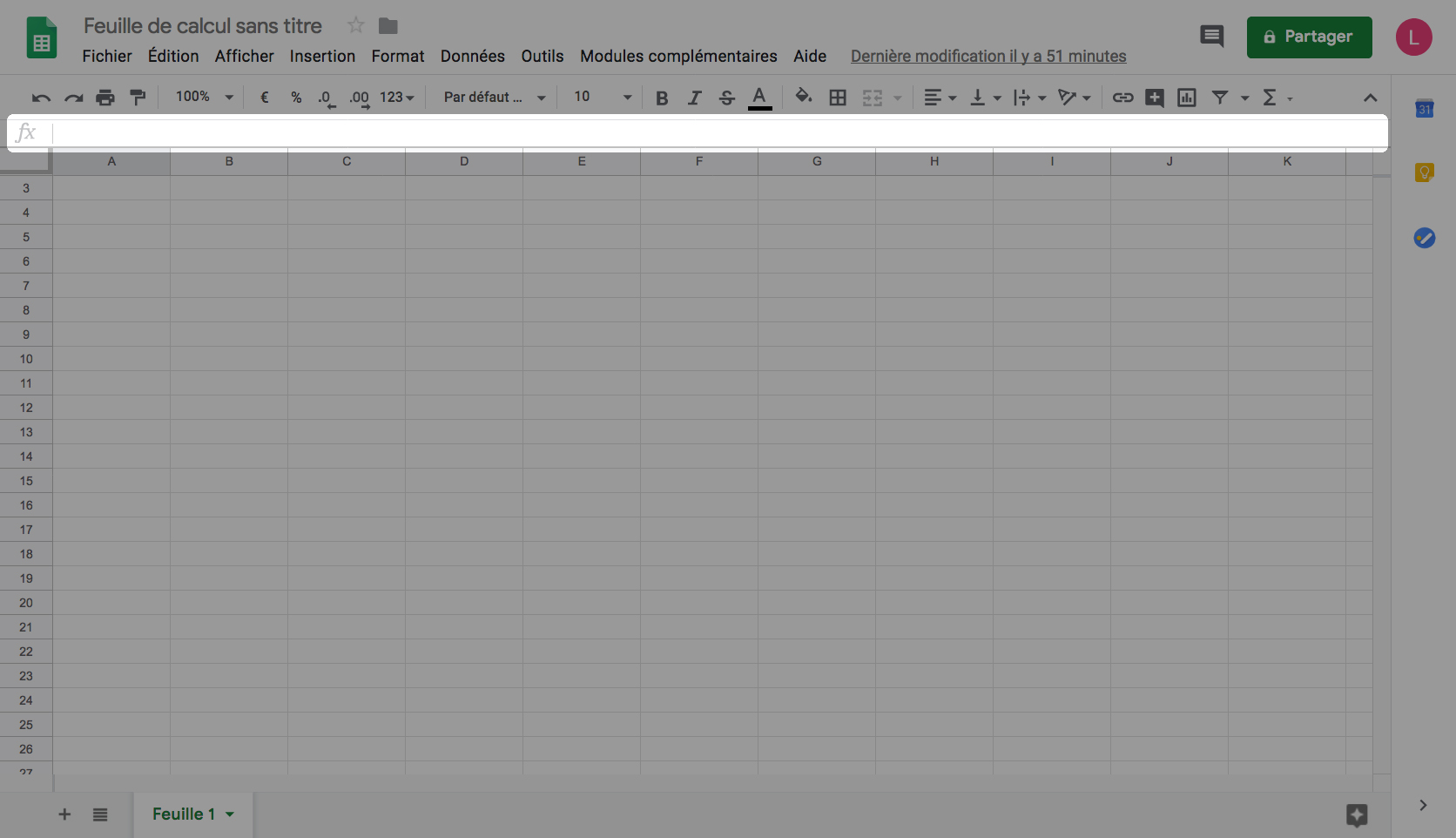 barre de formule du logiciel Google Sheets