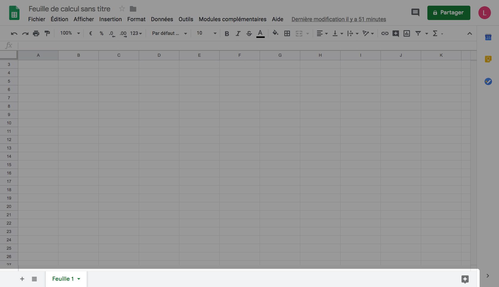 barre du bas du logiciel Google Sheets