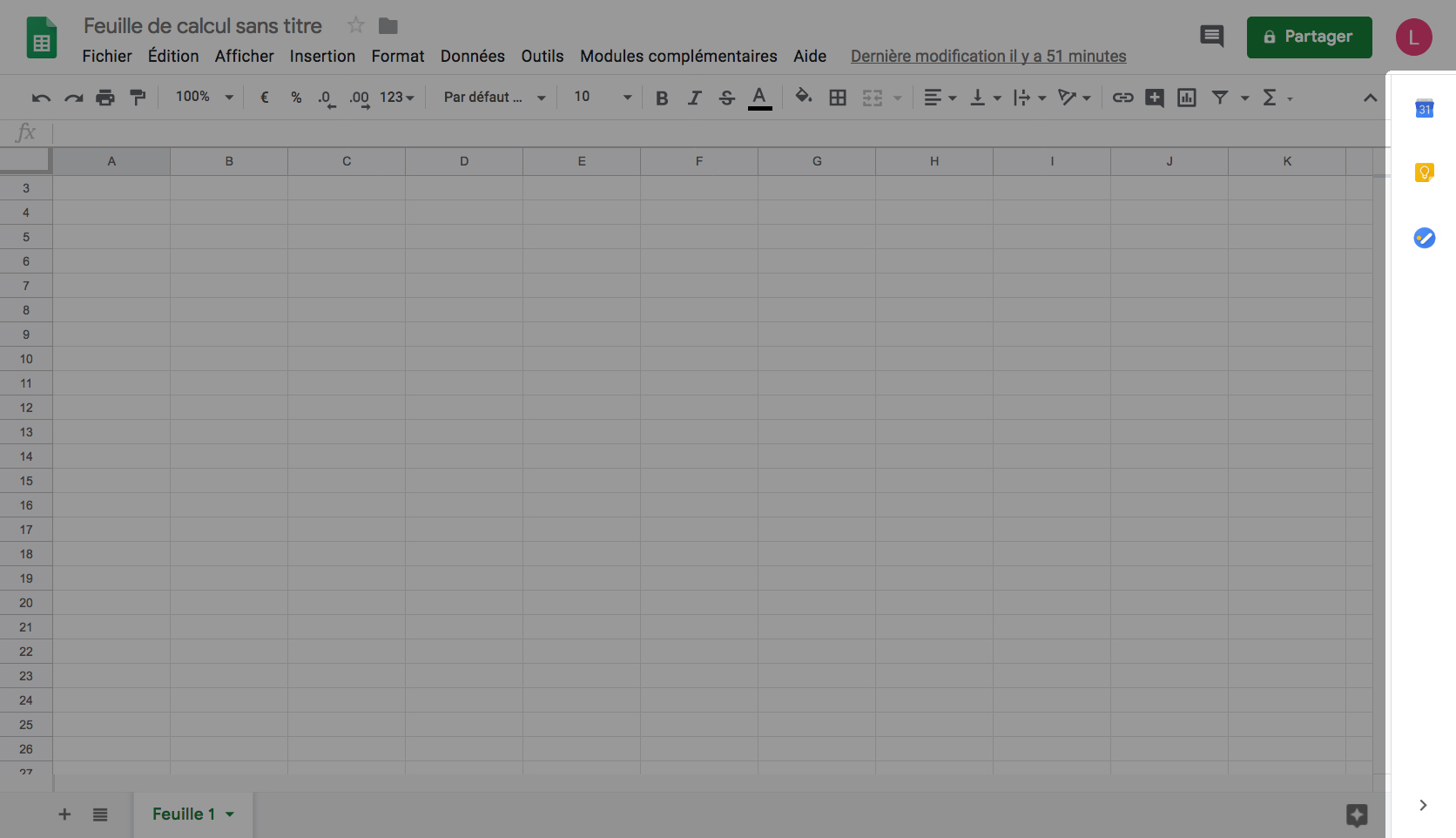 panneau du logiciel Google Sheets