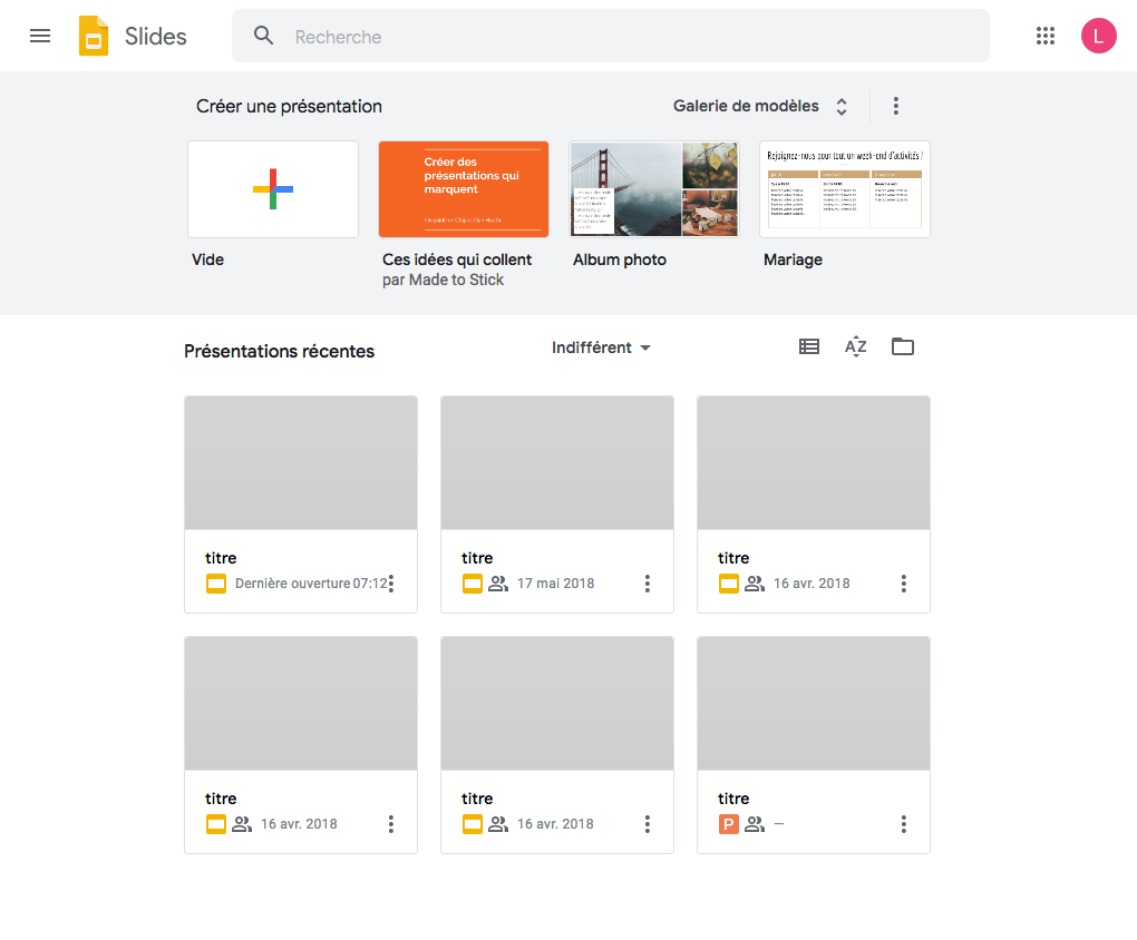 Page d'accueil du logiciel Google Slides