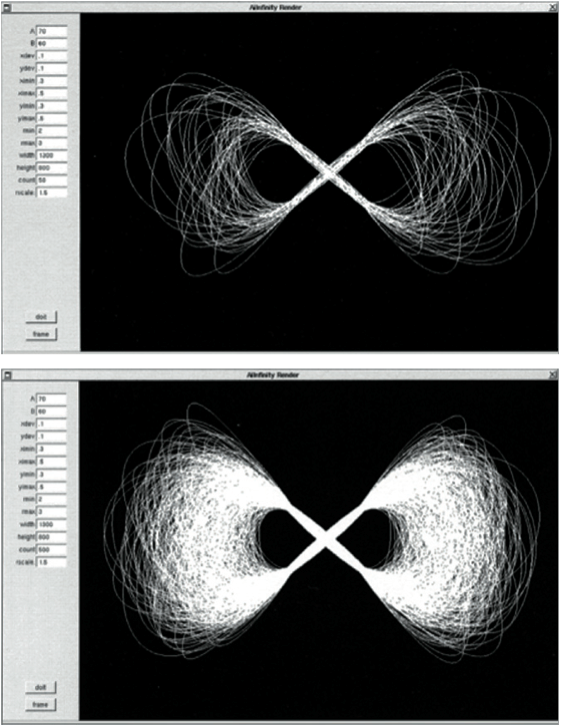 John Maeda, Infinity, 1993. Image générative dessinée avec un programme informatique développé par John Maeda. Différents paramètres (à gauche sur les captures d’écran) influent le tracé mathématique de la ligne. La superposition de plusieurs centaines de courbes, chacune modulée par une variable aléatoire, génère l’image finale. « This was the first image I made as a means to understand the computer less as a tool, and more as a new material for drawing. », « Ce fut la première image que je fis me permettant de considérer l’ordinateur moins comme un outil et plus comme un nouveau matériau pour dessiner. »