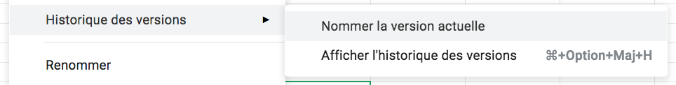 entrée historique de l'entrée fichier de la barre de menu de Google Sheets