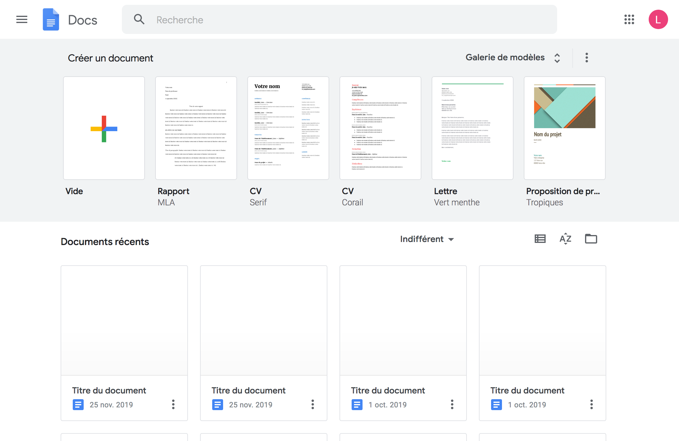 Capture d'écran de la page d'accueil du logiciel Google Docs