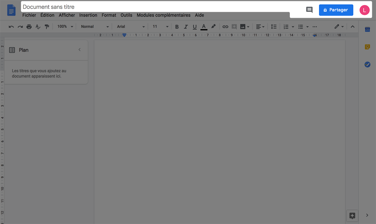 barre de titre du logiciel Google Docs