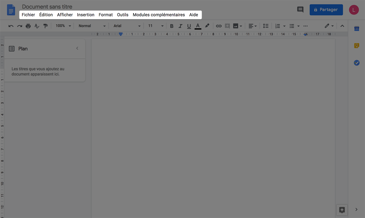 barre de menu du logiciel Google Docs