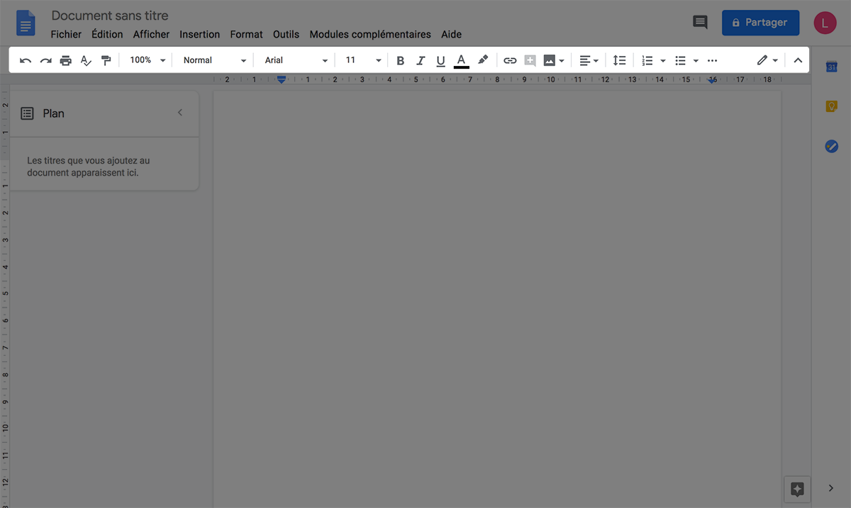 barre d'outils du logiciel Google Docs