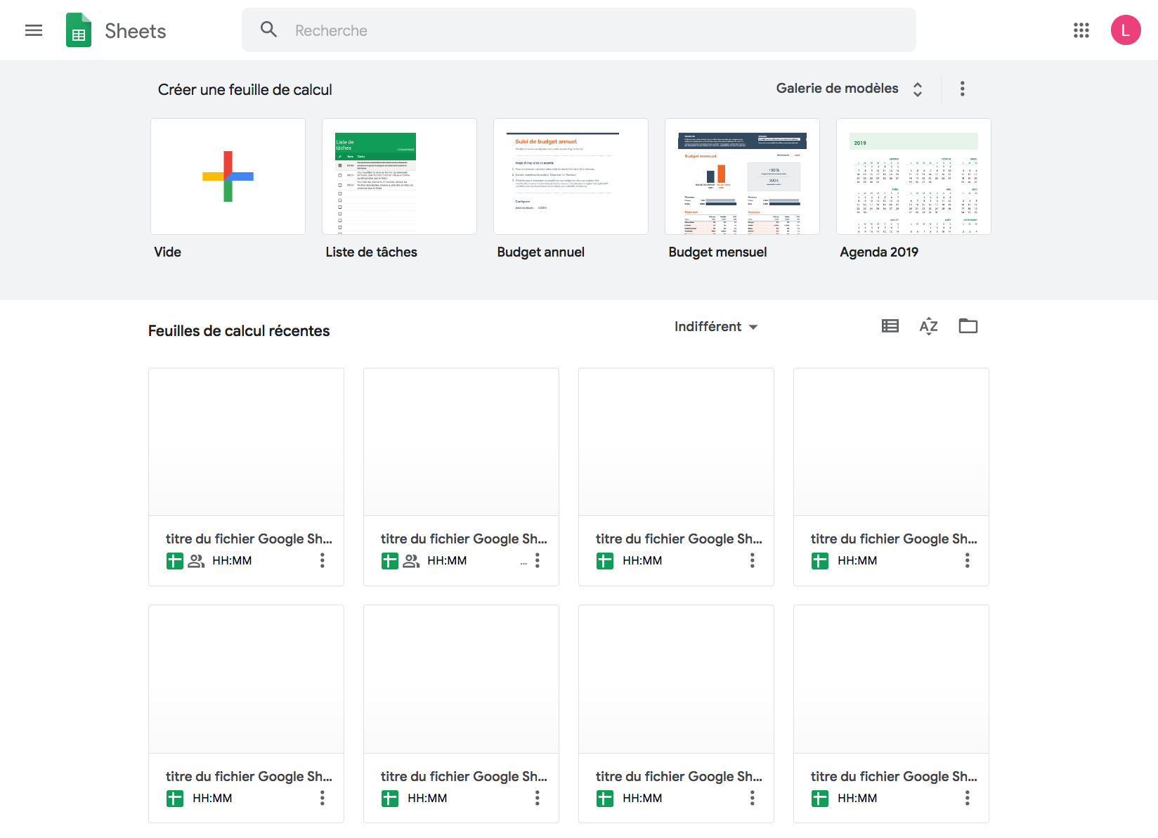 Capture d'écran de la page d'accueil du logiciel Google Sheets