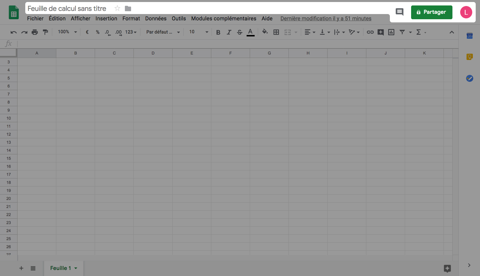 barre de titre du logiciel Google Sheets