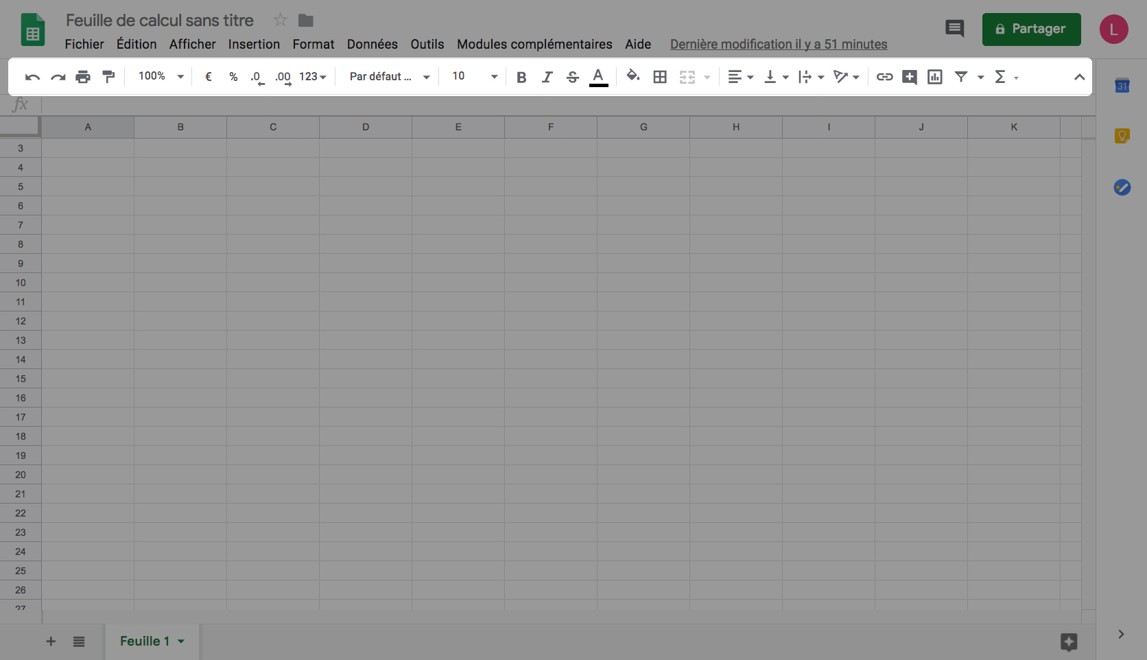 barre d'outils du logiciel Google Sheets