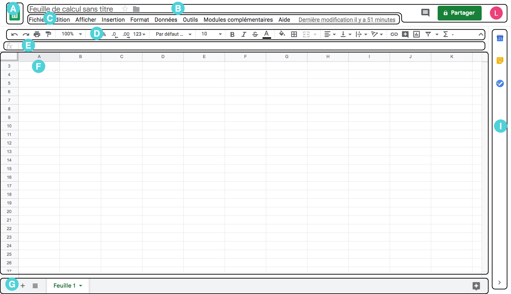 Capture d'écran de la page d'accueil du logiciel Google Sheets