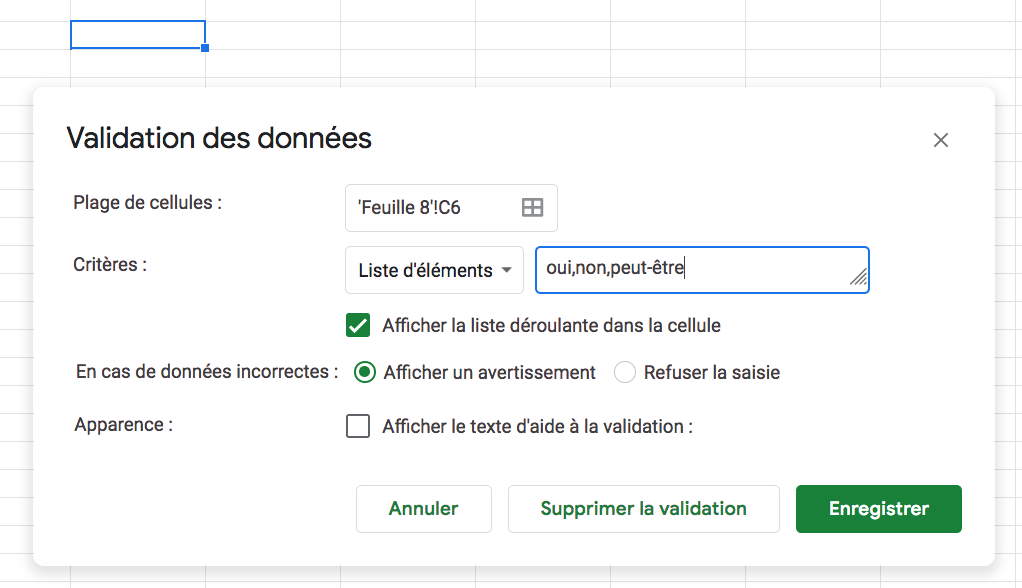 validation des données dans Google Sheets